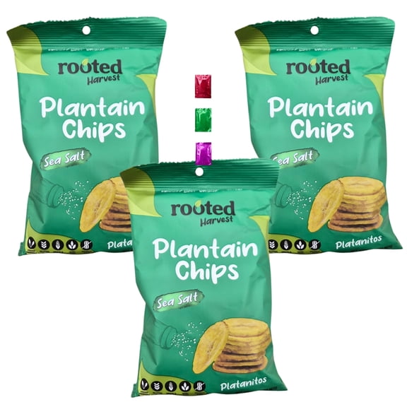 Rooted Harvest Sea Salt Plantain Chips 2.65-Oz Pack of 3, Crispy Vegan Gluten Free Snack, Non-GMO Plantain Chips, Crunchy Road Trip Picnic Party Snack Packs w/ Snoep in Beperkte Oplage