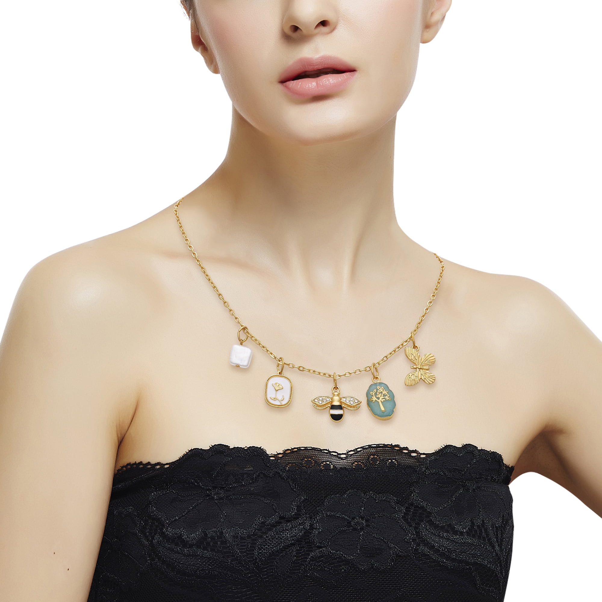 Time and Tru Women's Gold-Tone Interchangeable Spring Theme Charms Necklace.