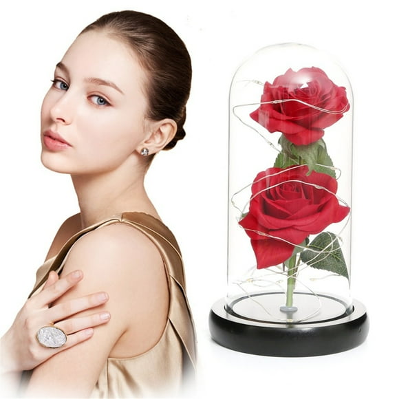 Glass Rose in Glass Dome with Pine Wood Base Home Decoration Gift 11 cm x 21.5 cm Red Blue White Multicolor