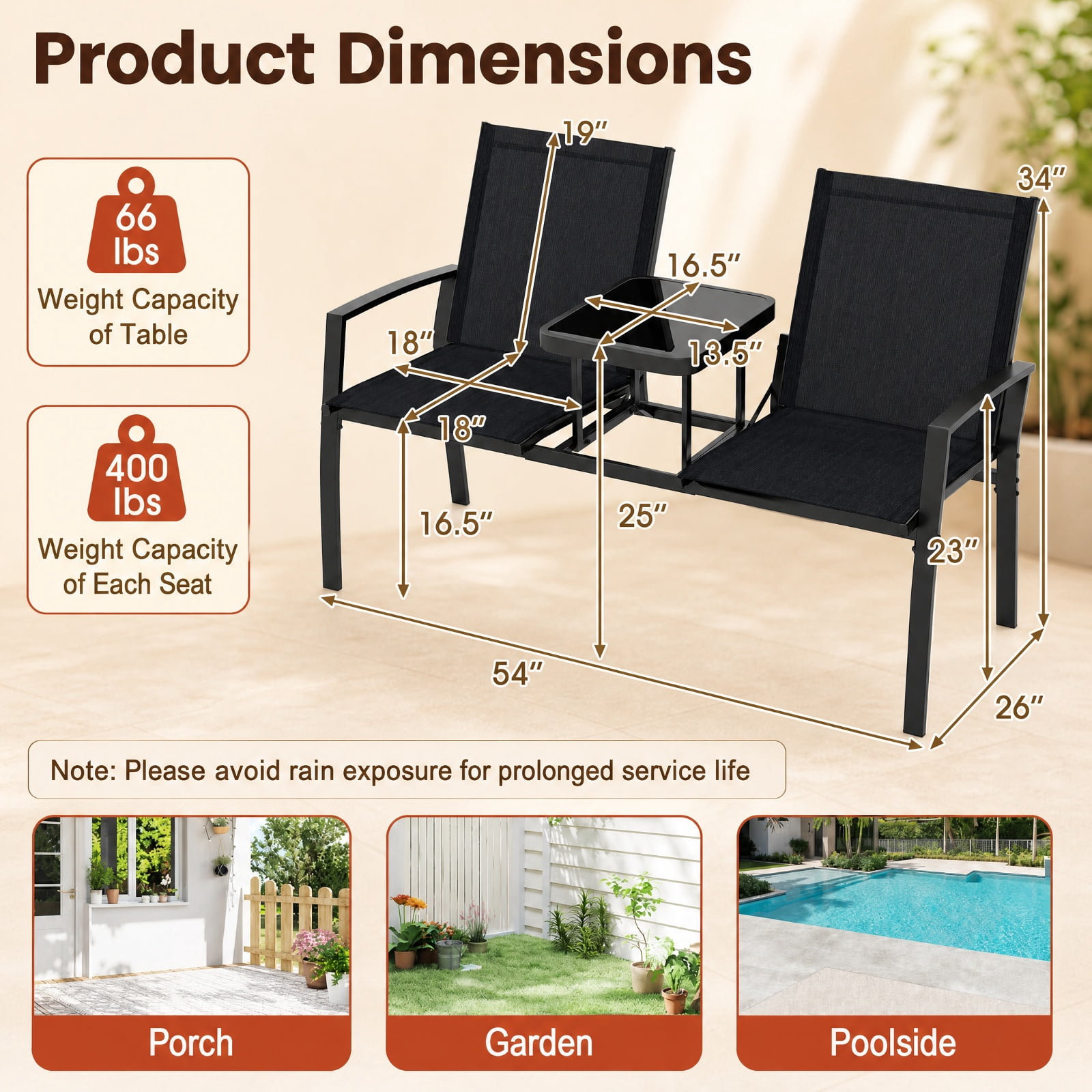 Furnibear Patio Loveseat with Built in Table and Breathable Fabric Back for Porch Garden and Poolside Outdoor Seating, Black