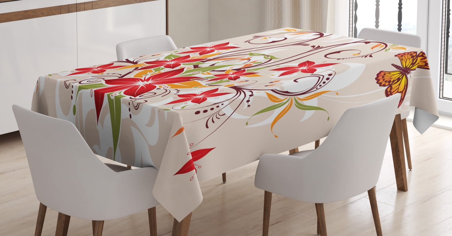 Floral Decor Tablecloth, Butterflies and Flourishing Swirled Blossoms