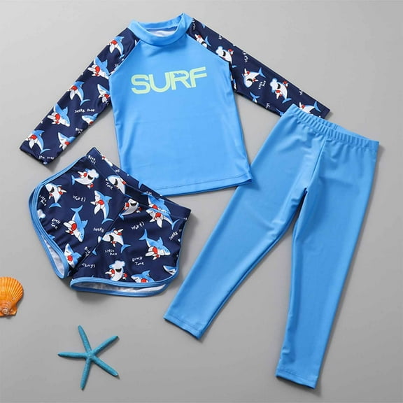 Piuwrlz Children's Hawaiian Beach Swimwear for Boys Long Sleeved Swimsuits Sets 3PC Split Body Swimming Suit Printed Split Body Swim Clothing Blue Size 5 Years