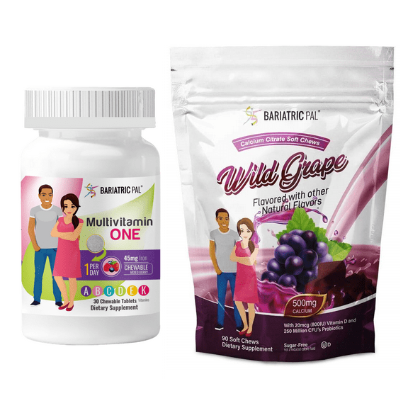 Gastric Bypass Complete Vitamin Pack - Chewables Size: 1-Month Supply, BariatricPal Multivitamin ONE: Mixed Berry Chewable with 45mg Iron, BariatricPal Calcium Citrate Soft Chews: Wild Grape