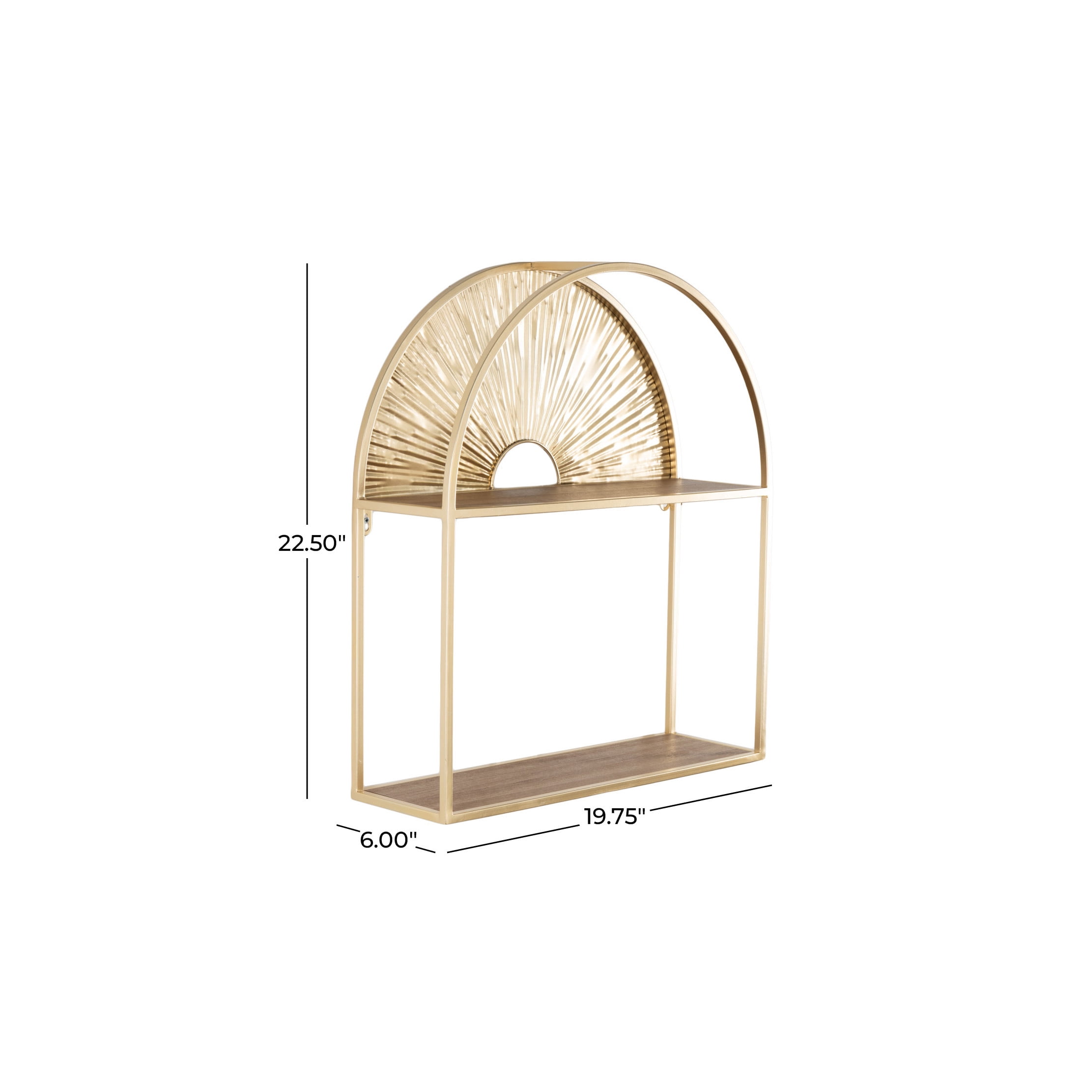 DecMode 20" x 6" 2-Tier Gold Sunburst Wall Shelf with Half-Moon Cutout