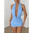 thumbnail image 3 of Blue Deep V-Neck Cowl Neck Ruched Mini Dress With Backless Design, 3 of 6