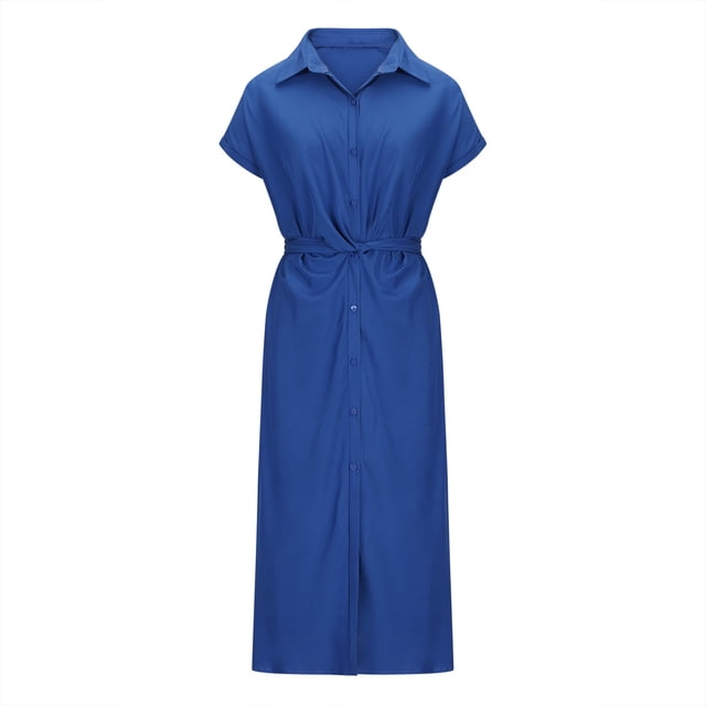 Mefallenssiah Robe d'Été pour Femmes Mode Ceinture Multicolore Multi Tailles Bouton Solide Col en V