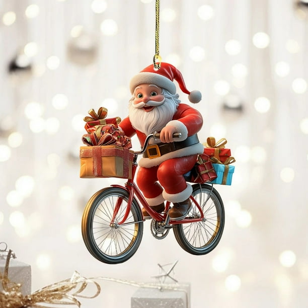 Decoraciones de Navidad de Coches - Santa Claus Ciclismo Colgante Acrílico Llavero para Interiores de Coches