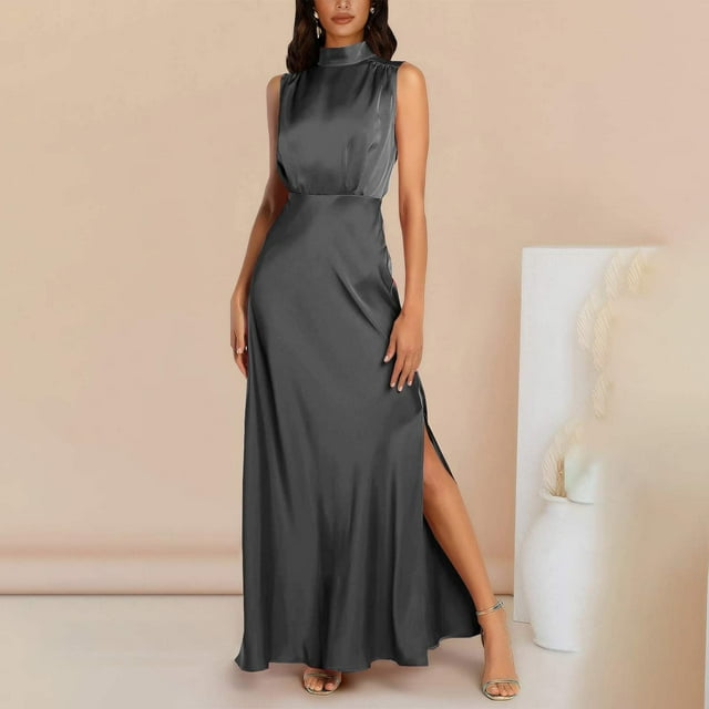 Lenago Robe Maxi Grande Taille pour Femmes Mode Femmes Été Uni Décontracté Col Rond Sans Manches Fente Haute Robe Maxi Robes d'Été de Plage en Liquidation