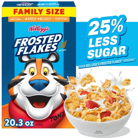 Frosted Flakes 25% Less Sugar Breakfast Cereal, Family Size, Box (1 Box)