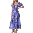 thumbnail image 4 of INSPIRAR CHIC Vestido Maxi Boho de Manga Corta con Escote Corazón Floral para Mujeres M Azul Púrpura, 4 of 6