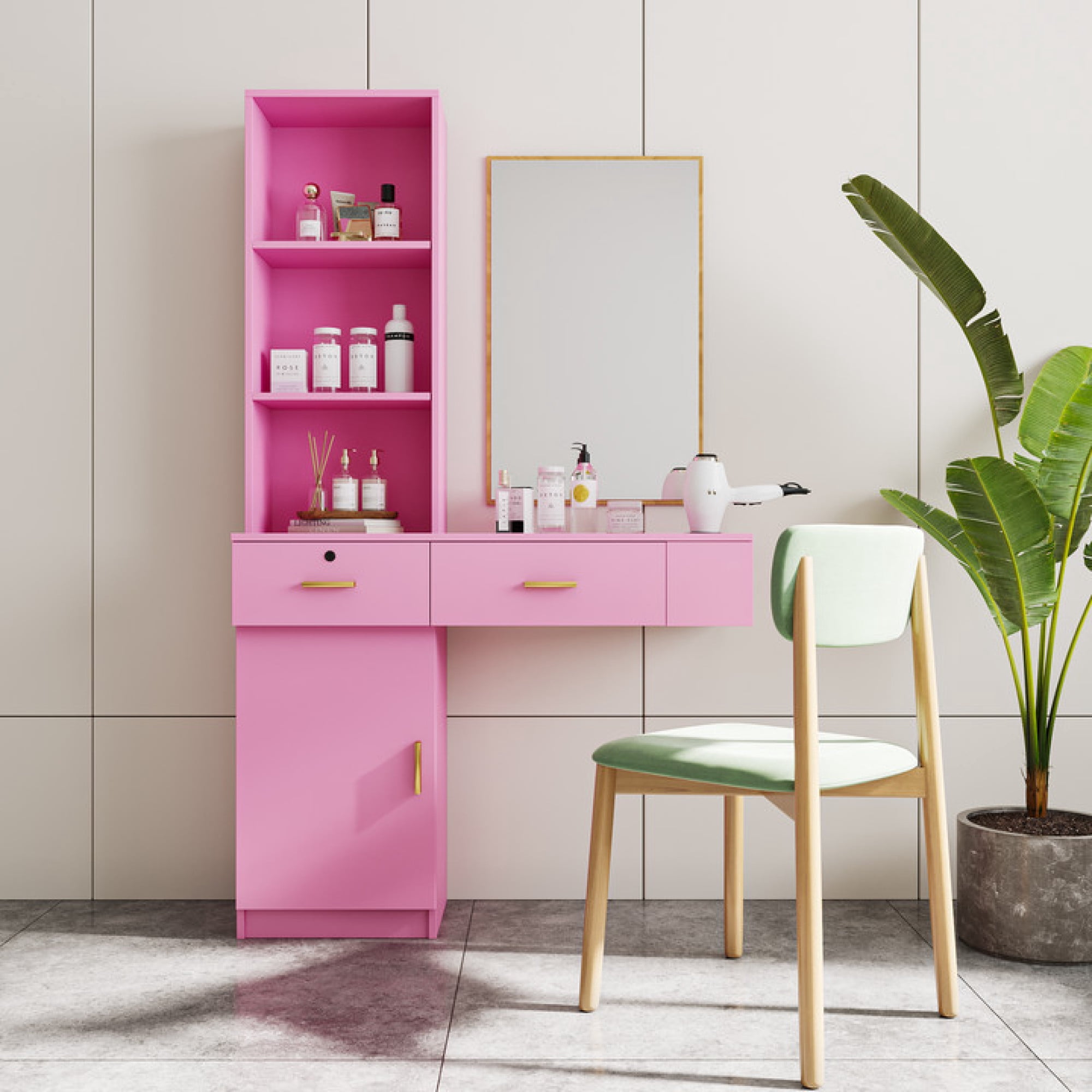 Modern Vanity Desk with Lights Makeup Vanity Dressing with Mirror Large Storage Space Pink