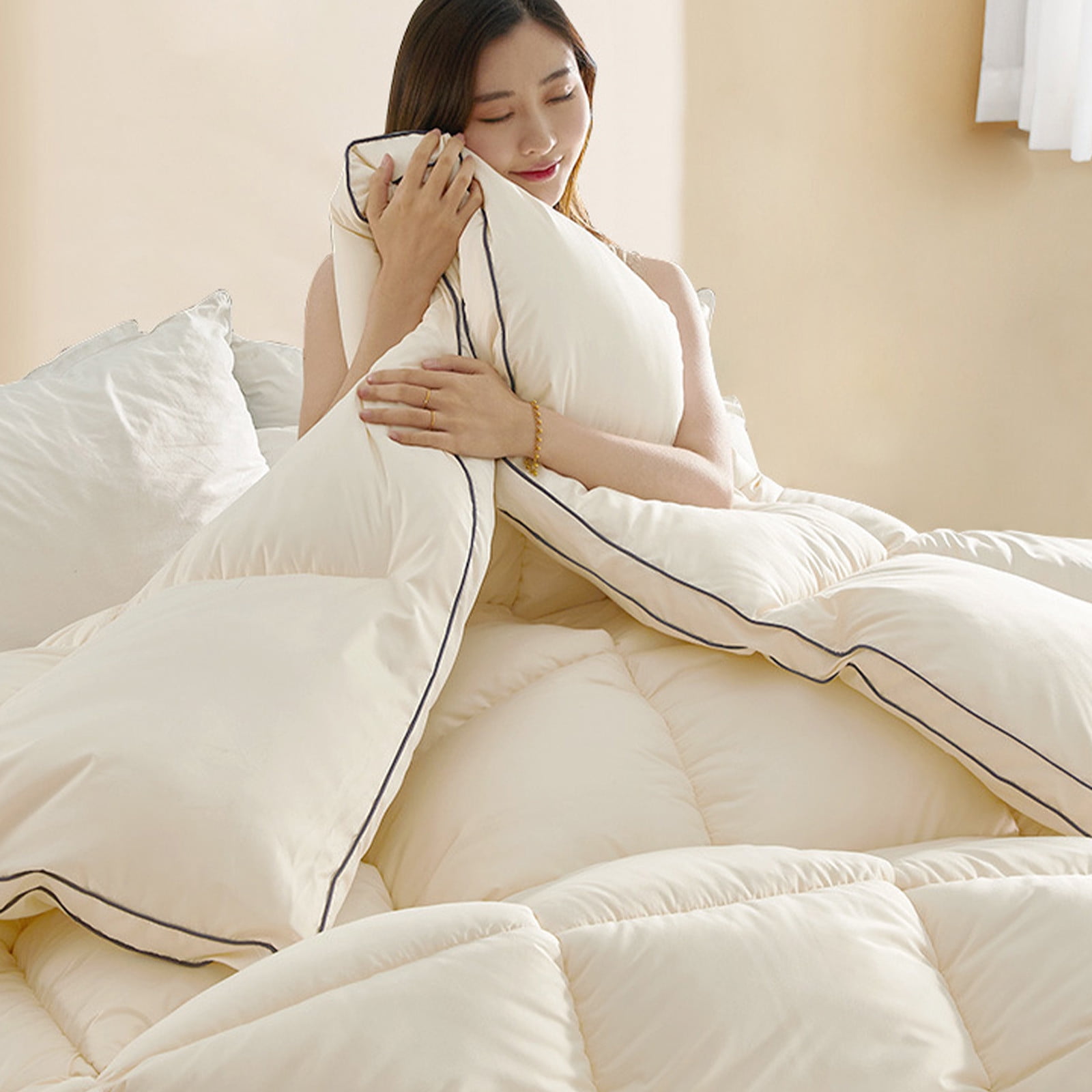 Kezqiaxn Full Size Comforter, 78.7x59In Comforter Duvet Insert, All Season Quilted Down Alternatives, Hotel Luxury Soft, Skin-friendly Machine Washable Reversible Quilted with Corner Tabs Beige