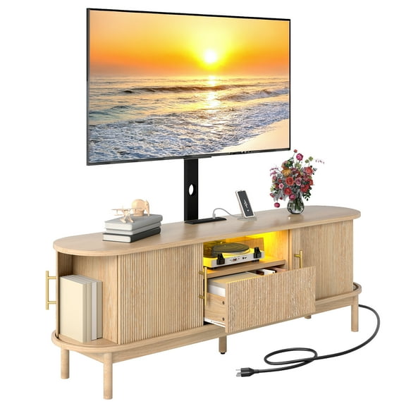 Craftian 60" TV Stand with Mount for 32-75" TVs, Height Adjustable Fluted Entertainment Center, Oak