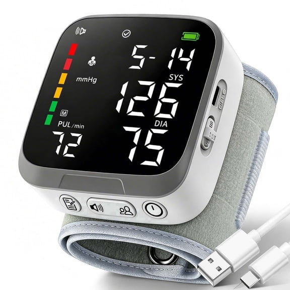Automatic Wrist Blood Pressure Monitor, Rechargeable, Voice Broadcast ON/OFF, Large LCD Display, 2-User 300 Memory, Adjustable Cuff 5.3-7.7 inches, BP Machine for Home Travel Seniors