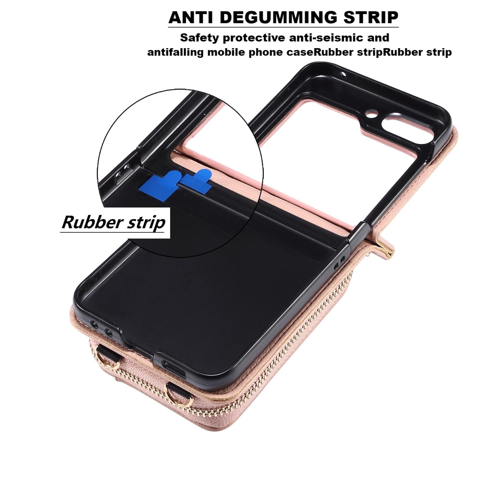 Allytechgroup Zipper Wallet Phone Case for Samsung Galaxy Z Flip 3, with Stylish Crossbody Strap Cards Slots RFID Blocking Shockproof Protective Luxury Case for Girls Women, Pink