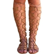 Jsaierl Women Gladiator Sandals Flat Strappy Lace Up Open Toe Knee High Flat Sandal Zipper Summer Roman Shoes