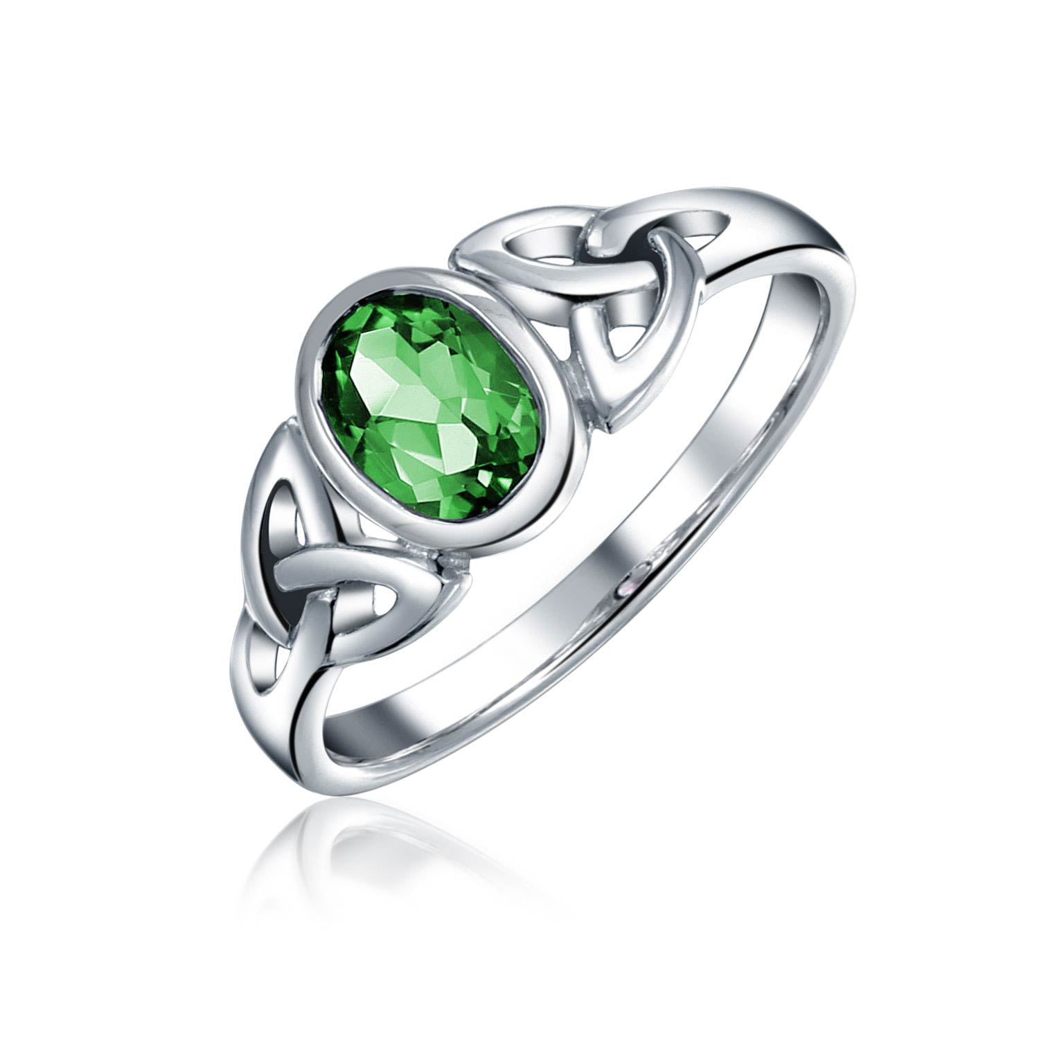 Sterling Silver Claddagh Ring With Simulated Emerald And Triquetras 