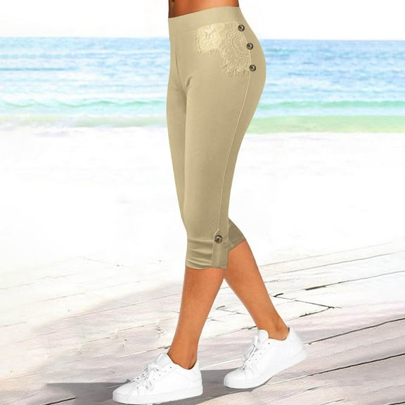 WIZUTIZ Gym Leggings for Women Capri Lightweight Casual Skinny Button Side Yoga Sweatpants Stretch Elastic Mid Rise 3/4 Length Sweatpants Solid Pants for Teen Girls Sports Beach Multi-Color