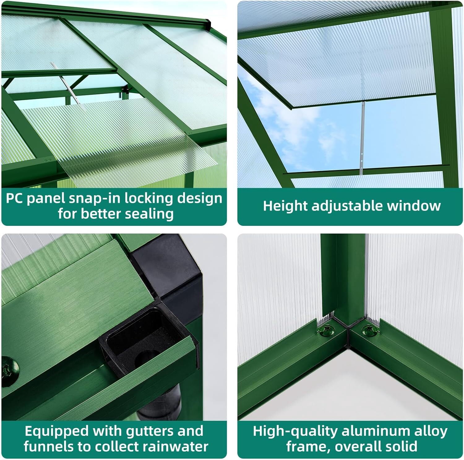 Green 8ftx12ft Outdoor Greenhouse, Polycarbonate Greenhouse with Roof Vents, Heavy Duty Aluminum Greenhouse, Easy to Install, Walk-in Greenhouse for Garden, Backyard, Patio, Lawn