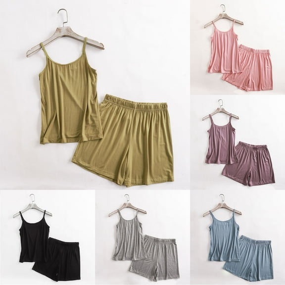 Antinious Plus Size Pajamas for Women Set Solid Sleeveless Cami Top Pants Pajamas,Holiday!Pajamas for Women Set,Ladies Sleepwear Outfits,Black,L