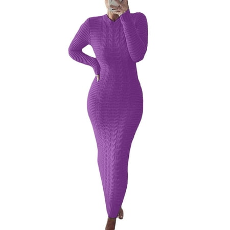 

Eyicmarn Women Long Sleeve Knitted Dress Crochet Pattern Solid Color Ribbed Round Collar Casual Long Club Party One-Piece