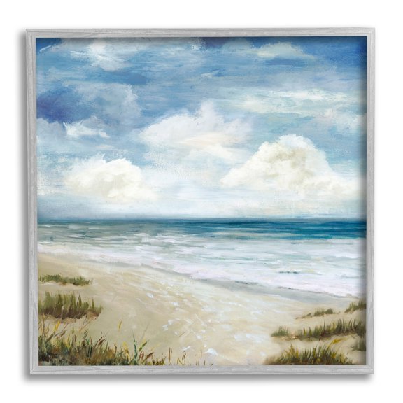Stupell Industries Soft Clouds over Beach Nature Painting Gray Framed Art Print Wall Art, 24 x 24