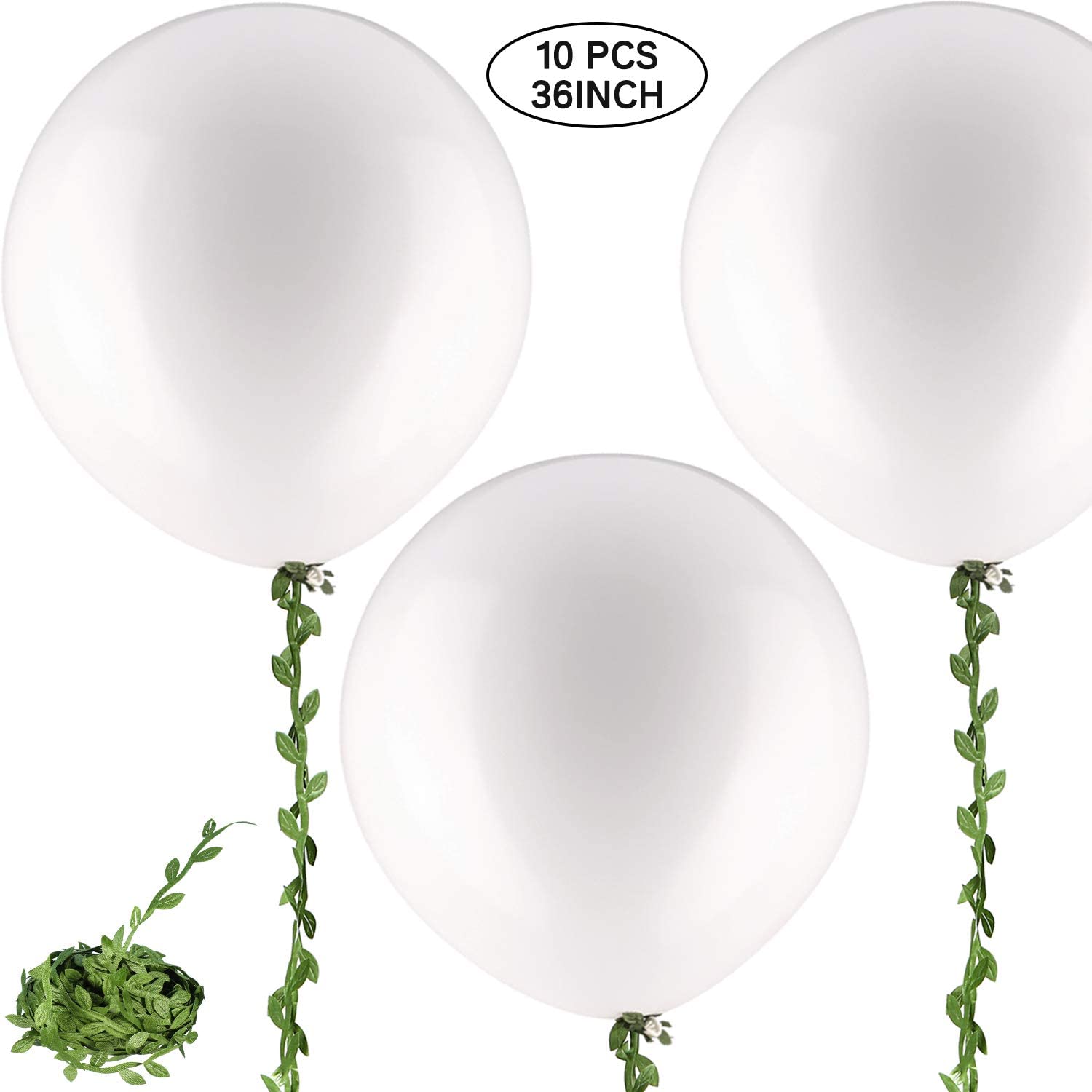 10 Giant 36-Inch White Balloons With 65ft Artificial Vine - Large Party Decor For Weddings, Birthdays, Christmas