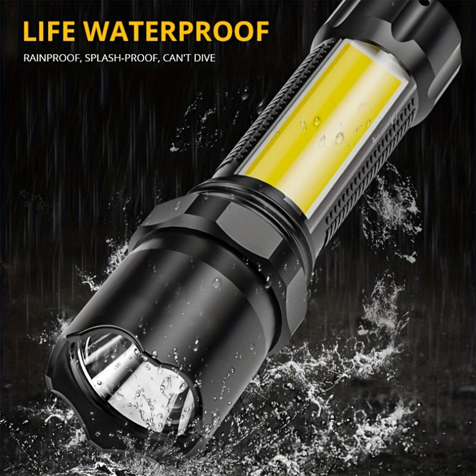 COFEST Portable Rechargeable LED Flashlight with IPX7 Waterproof, 4 Brightness Levels, and COB Side Light Black
