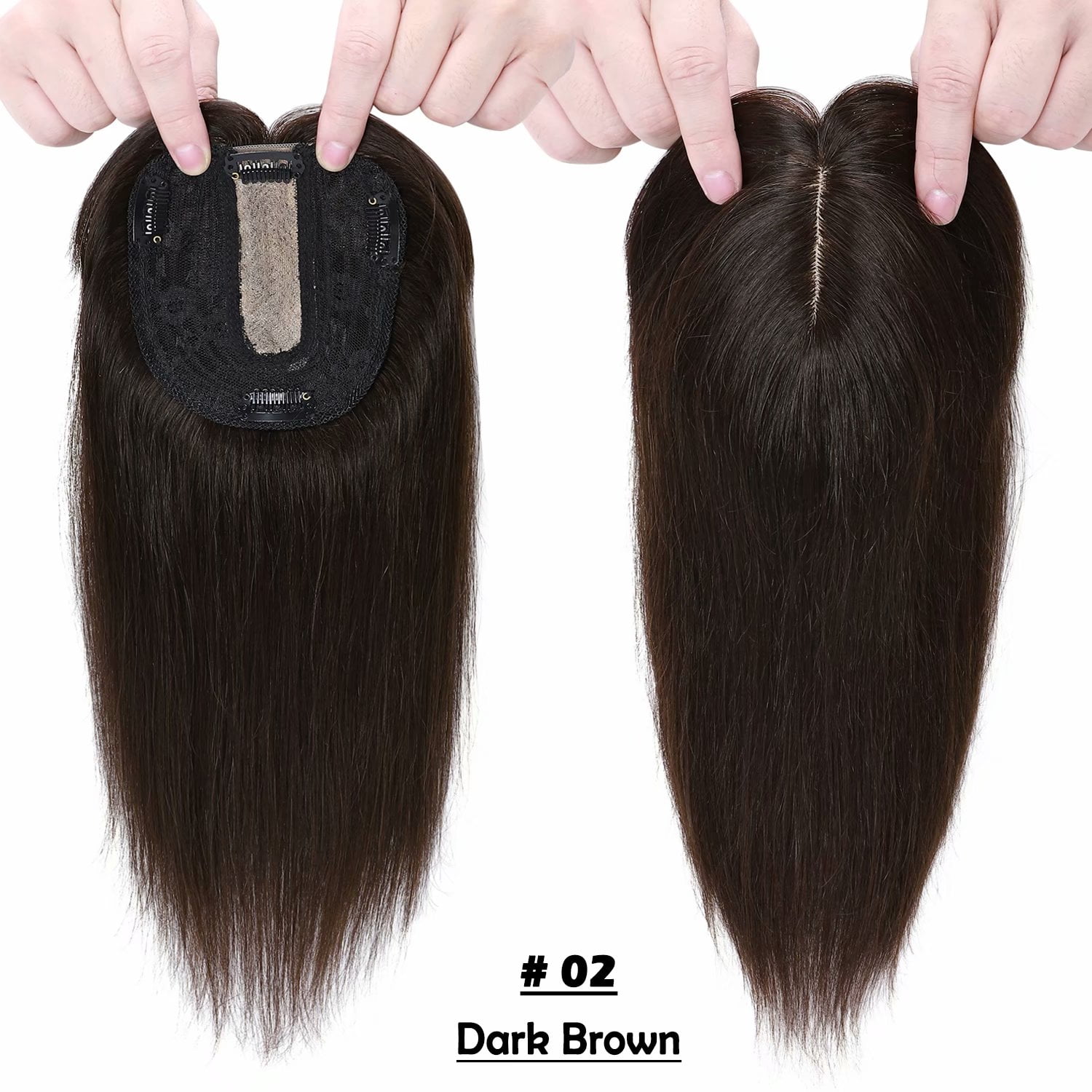 Benehair 100% Real Remy Human Hair Extensions Silk Base Clip In Topper Toupee Hairpiece With Bangs for Women Hair Loss Brown