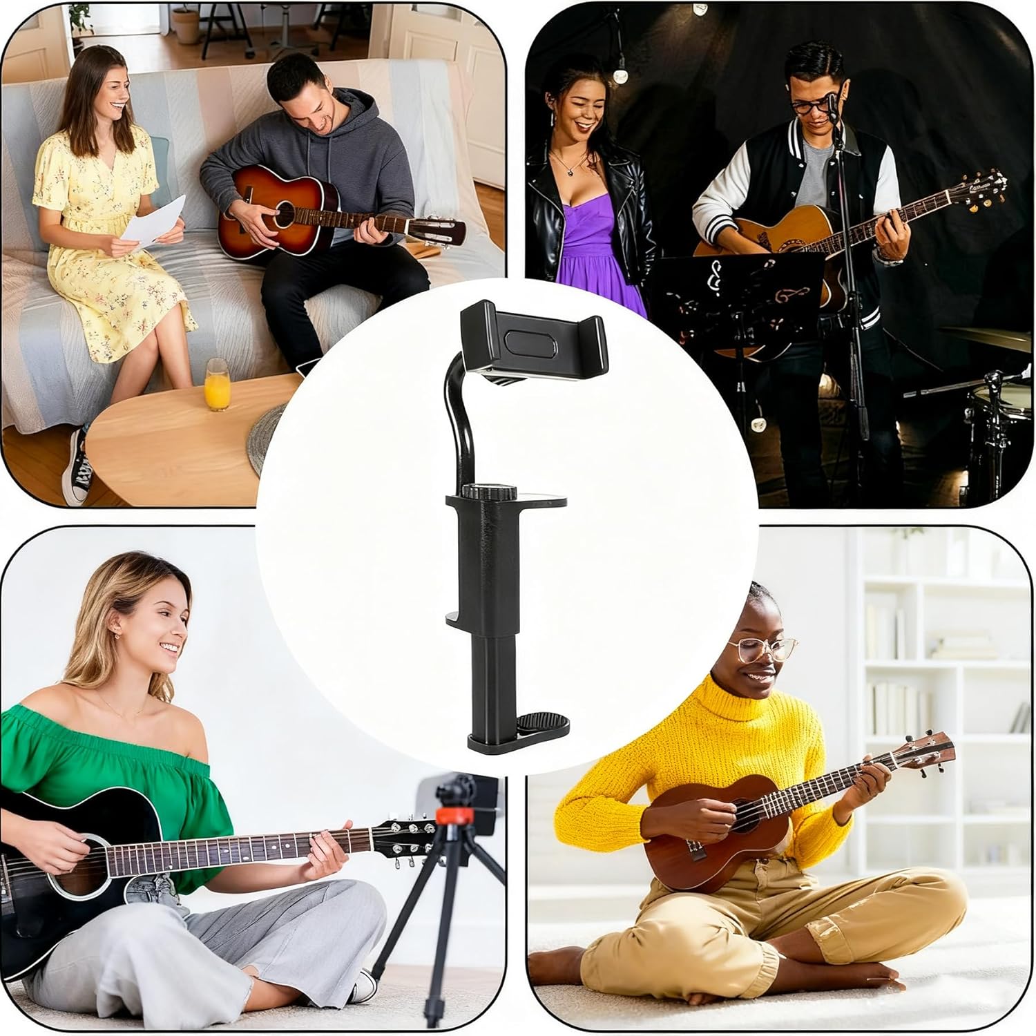 Guitar Phone Holder, Adjustable and Rotatable Mount for Guitars, Ukuleles, and Basses, Hands-Free Sheet Music Stand for Video Recording, Live Streaming, and Online Teaching