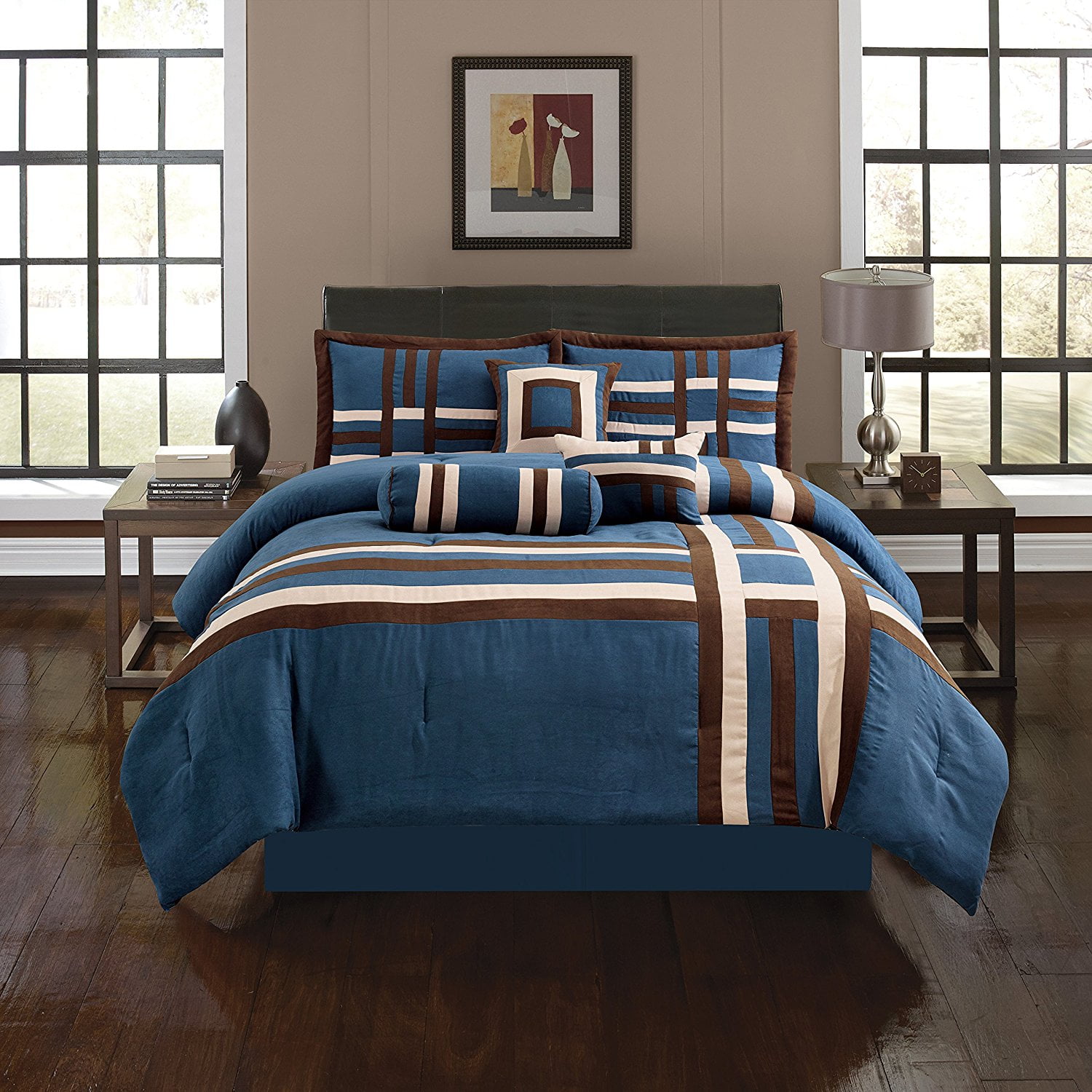 Empire Home Brown & Navy Cross 7 Piece Solid Suede Soft Comforter Set