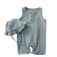 thumbnail image 2 of XIMIN Newborn Baby Cotton Linen Jumpsuit with Hat Summer Sleeveless Button Romper Overalls Infant Soft Cute Plain Outfits, 2 of 9