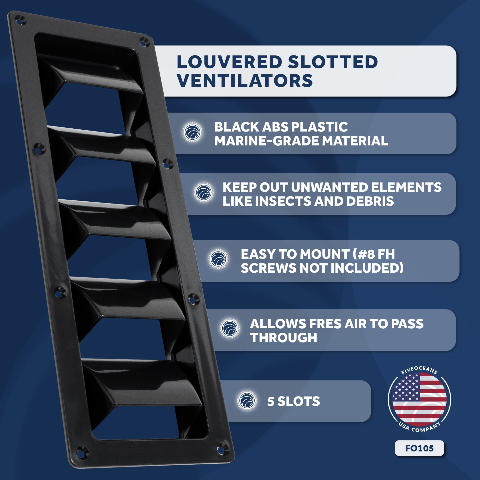 Five Oceans 5-Slotted Louvered Ventilators, 13-1/4-Inch x 4-3/4-Inch, Black ABS Plastic - FO105