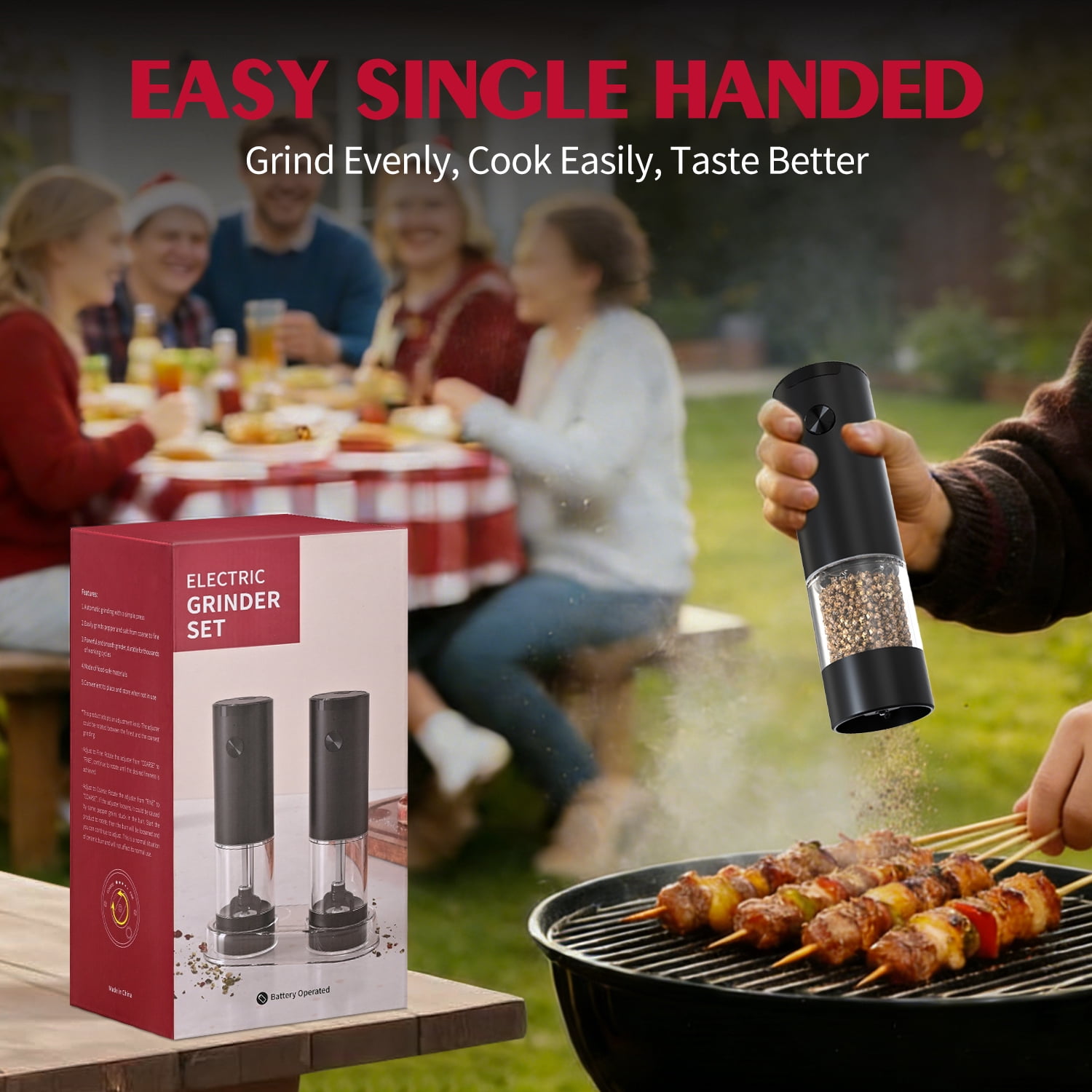 TINANA Electric Salt and Pepper Grinder Set, Automatic Battery-Powered Pepper Mill Shakers with Adjustable Coarseness, One-Hand Operation, Kitchen Gift for Home Cooking & BBQ