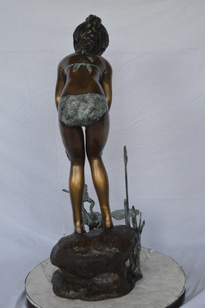 Nifao Girl Watching Jumping Frog – Outdoor Bronze Fountain, Garden Water Feature, 21"L x 15"W x 38"H