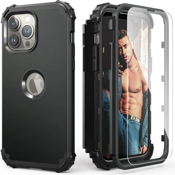 for iPhone 15 Pro Max Case with Tempered Glass Screen Protector, 3 in 1 Shockproof Slim Hybrid Heavy Duty Hard PC Cover Soft Silicone Bumper Full Body Case,Black