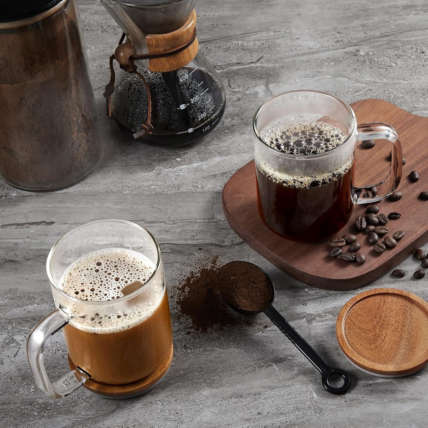 2 Pack 20oz Large Glass Coffee Mugs with Acacia Wood Lids & Handles, Clear Thick‑Bottom Borosilicate Glass Cups for Latte, Espresso, Tea & Iced Drinks
