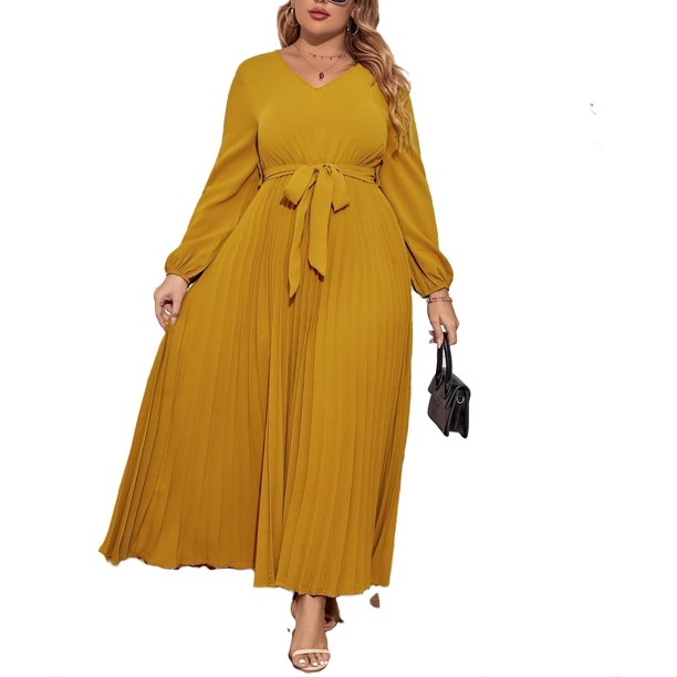Elegant V Neck A Line Dress Long Sleeve Mustard Yellow Plus Size