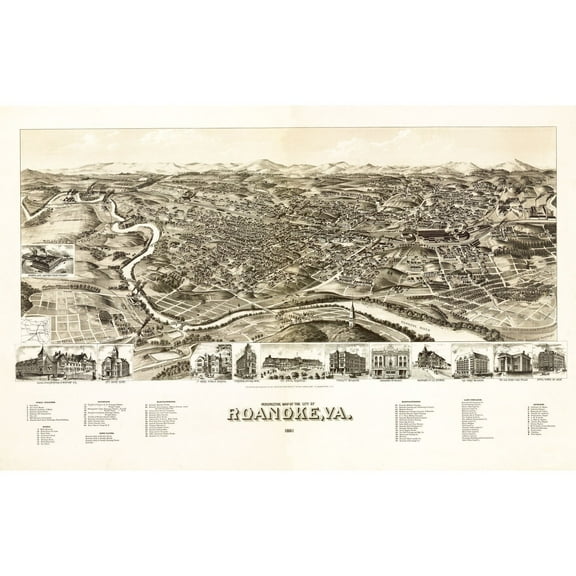 Historic Panoramic View - Roanoke Virginia - 1891 - 36.28 x 23 - Vintage Wall Art
