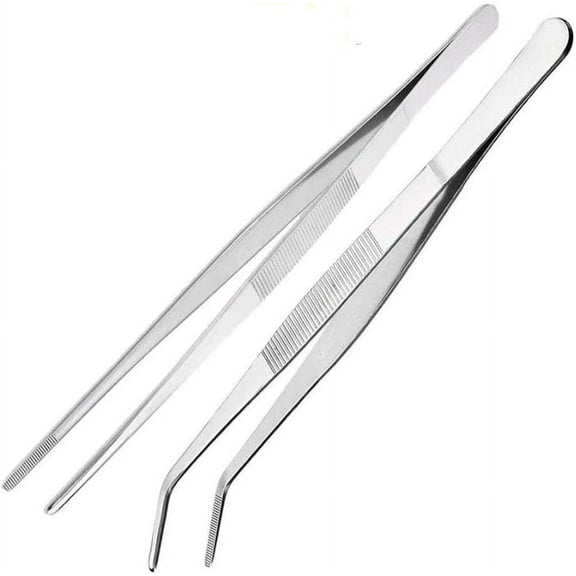 Kitchen Tweezers (12 Inch) Stainless Steel Tongs Set of 2 with Precision Serrated Tips for Cooking and Medical