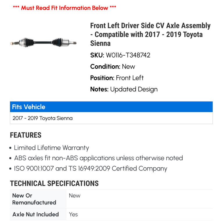 Front Left Driver Side CV Axle For Toyota Sienna 2017-2020 V6 3.5L (TO-8434 / 4342008071)