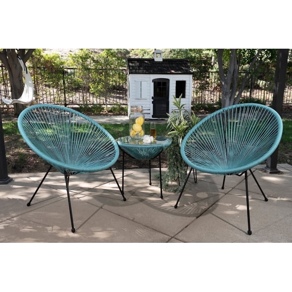 Barton 3-Piece Acapulco Patio Bistro Set, 2 Outdoor Woven Chairs & Glass Top Side Table, Balcony Conversation Furniture, Aqua