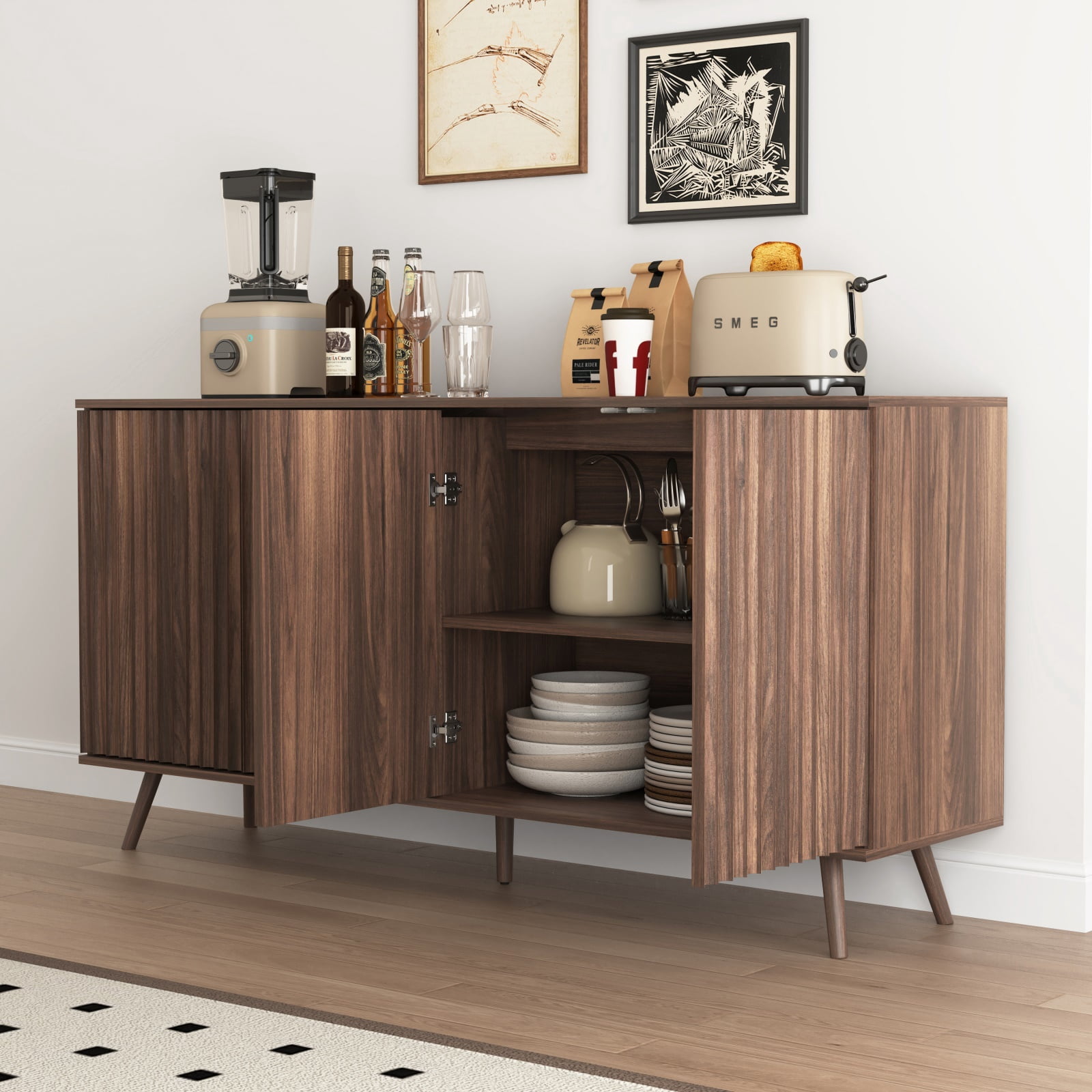Hommoo Modern Wooden Sideboard Buffet Cabinet with Storage, Sideboard Storage Cabinet with 4 Doors, Multifunctional Credenza Console Coffee Bar Cabinets for Home, Office, Walnut