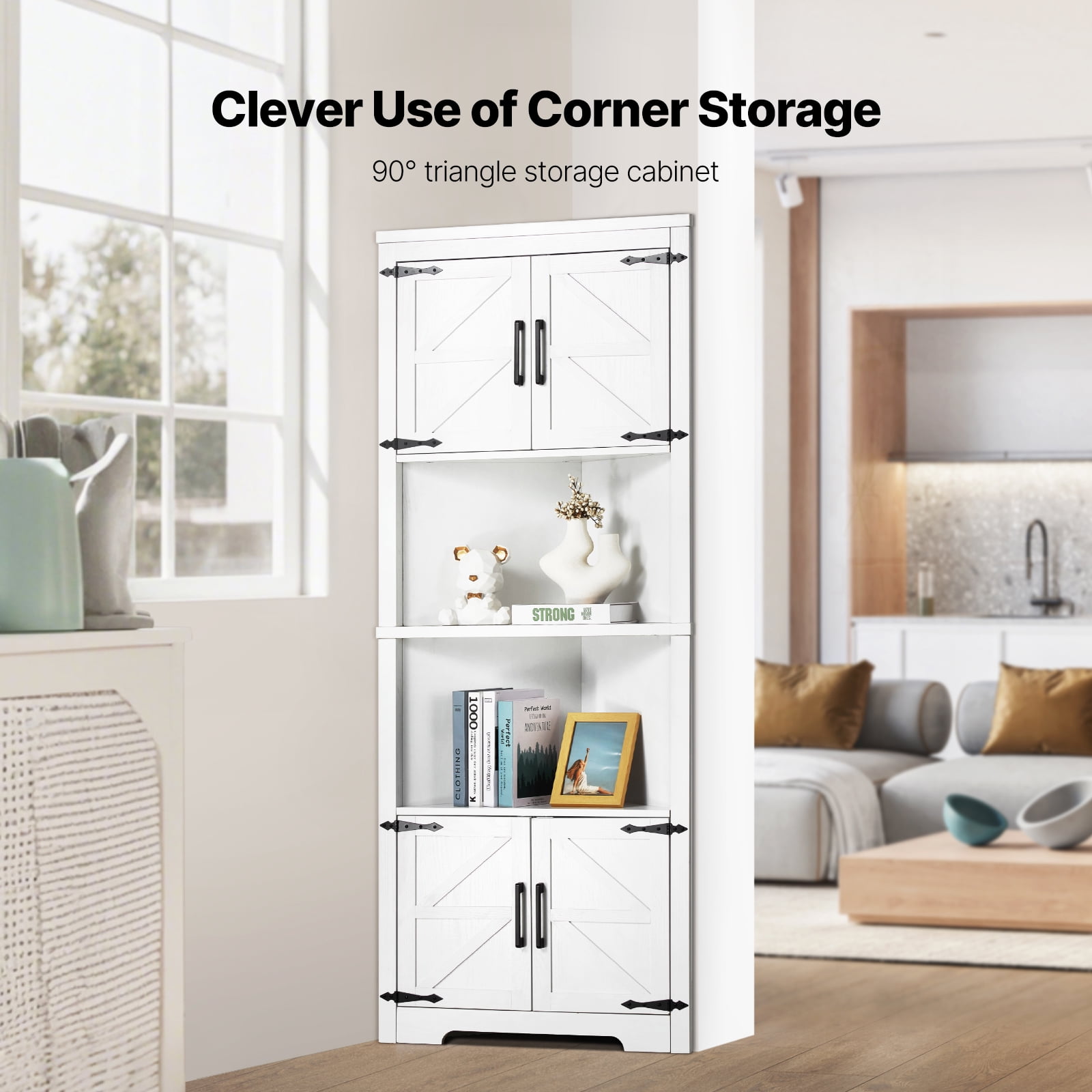KFFKFF 68" High Corner Storage Unit, 6-Level Rustic Storage Cabinet with 4 Timber Doors & Flexible Shelves, Standalone Corner Cabinet for Lounge, Kitchen, Utility Room, in White