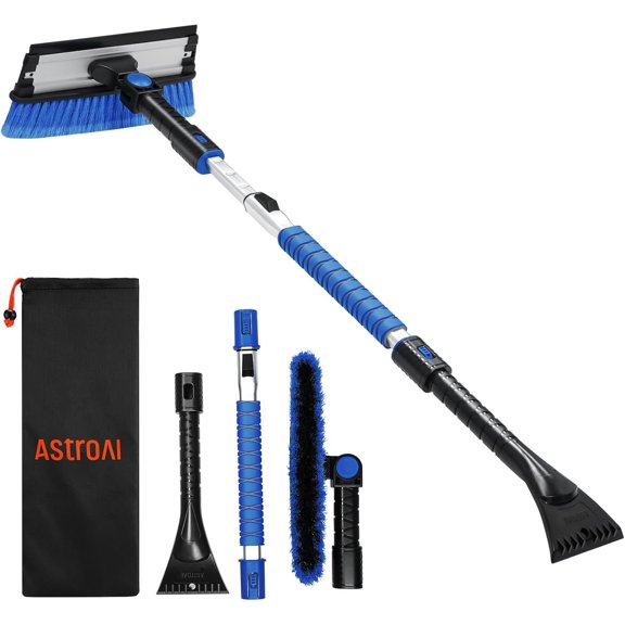 47.2" Ice Scrapers for Car Windshield, 3 in 1 Sturdy Snow Brush with Squeegee, 10 Adjustable Length Settings, Extendable Aluminum Handle, 180° Pivoting Snow Scraper for Car, Truck, SUV(Orange)