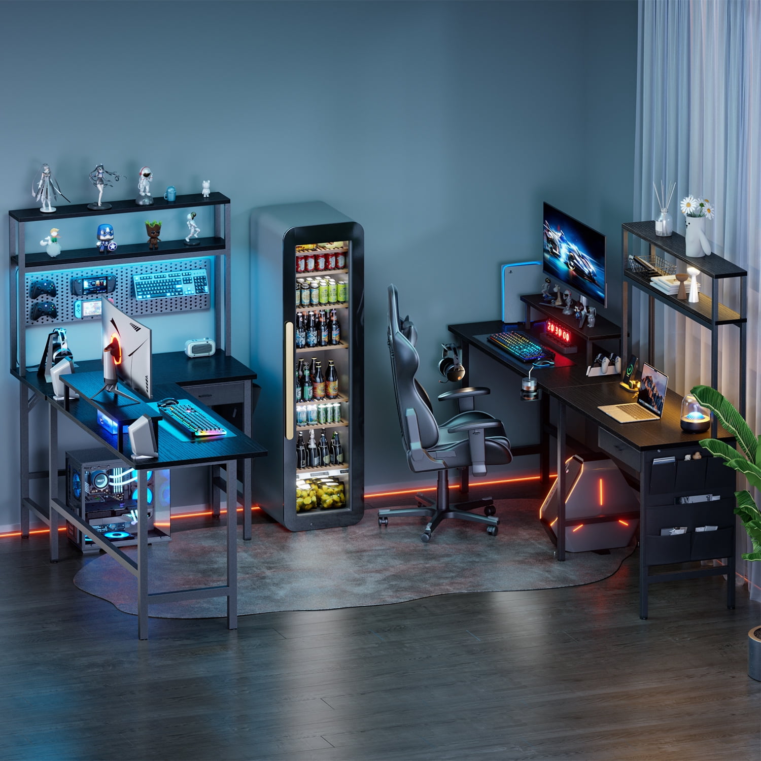 HLDIRECT L Shaped Gaming Desk with LED Light & Power Outlet, 67 inch Reversible Corner Computer Desk with Storage Shelves & Drawer & Bag, Game Table with Hutch Monitor Stand, Black