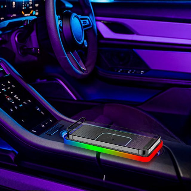 Alfombrilla de carga inalámbrica para coche Hwuxmo de 15 W con 7 luces RGB, antideslizante, para carga rápida, color negro