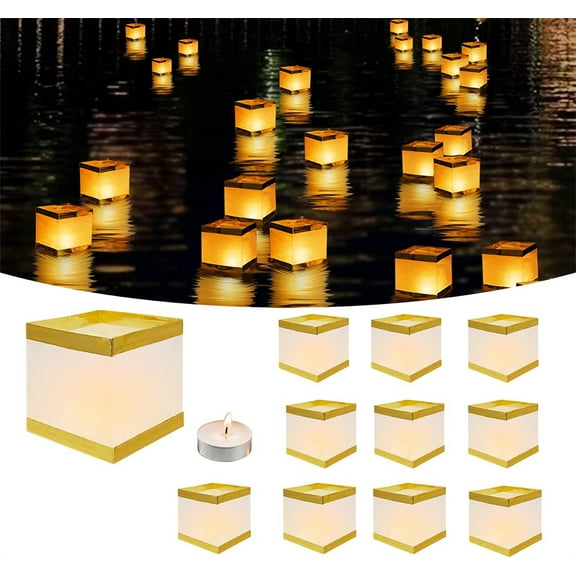 NOGIS 10Pack Paper Floating Water Lanterns,Gold White Square Memorial Candle Lantern,Table Lanterns Decorative Outdoor for Weeding,Lawn,Pool,Wishing (10Pack Paper Lanterns with Candles)