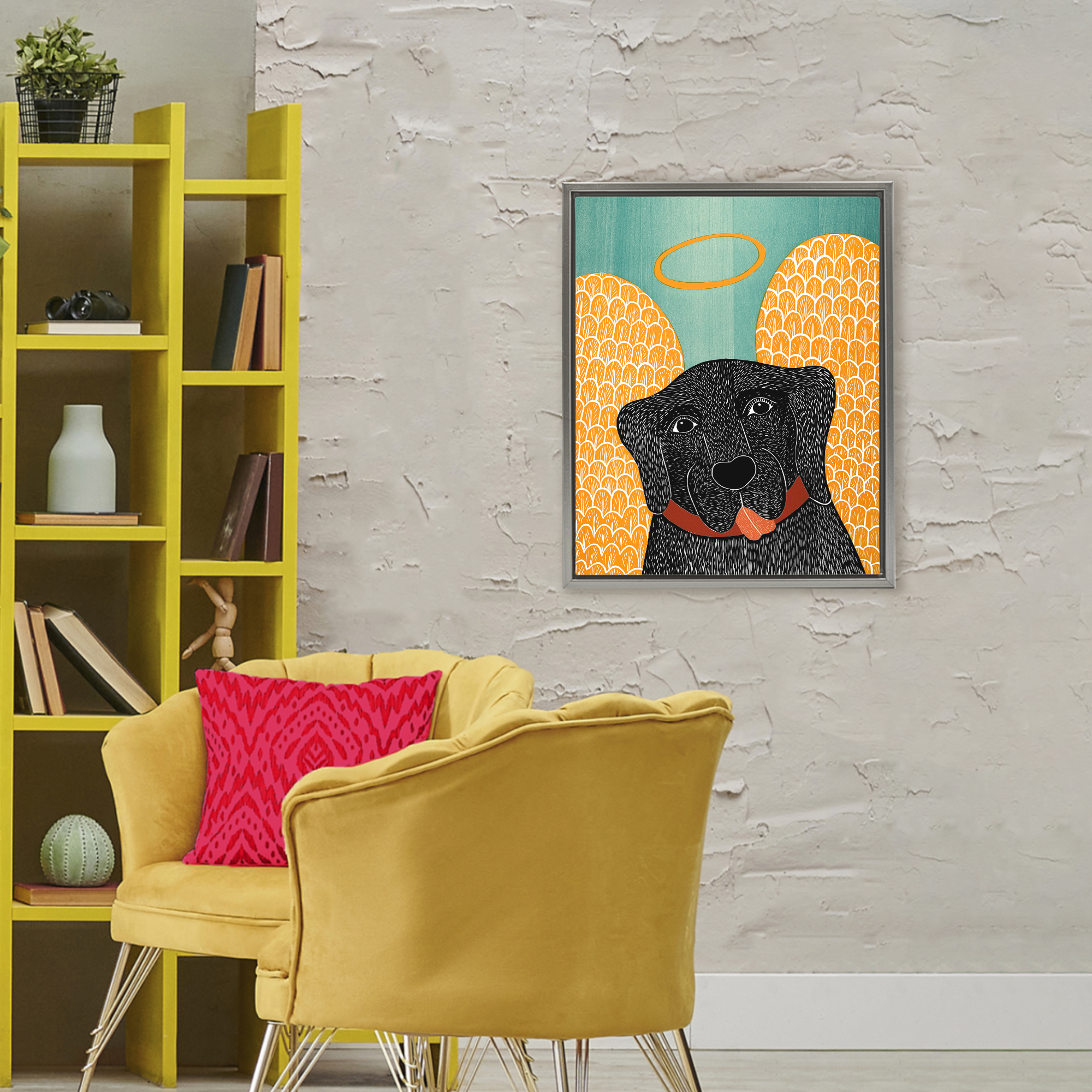 Dog Angel with Yellow Wings Gray Framed Floater Canvas Wall Art, design by Stephen Huneck