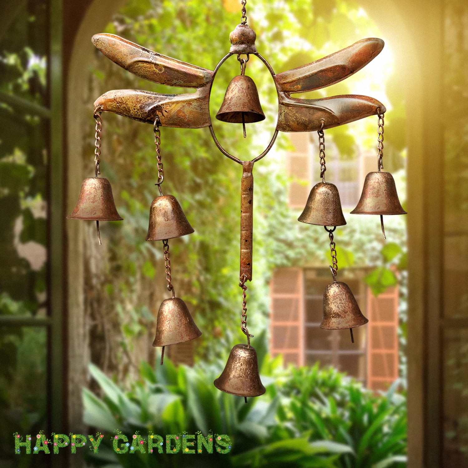 Happy Gardens Handcrafted Dragonfly Steel Wind Chimes with 8 Bells (Flamed Finish) Outdoor Metal Hook Hanging Decor for Outside Back Yard